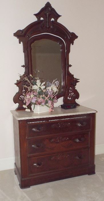 19th Century Carved Walnut Carrara Marble Top Dresser with Candle Sconces