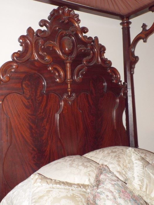 Carving on the 19th Century Mitchell & Rammelsberg (Signed M.R.) Walnut Half Tester Bed with Queen Bed Extension