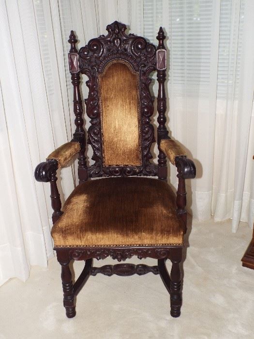Antique Tudor Style Carved Wood Arm Chair