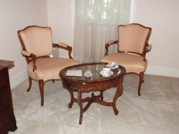 Antique French Arm Chairs and Small "X" Base Table