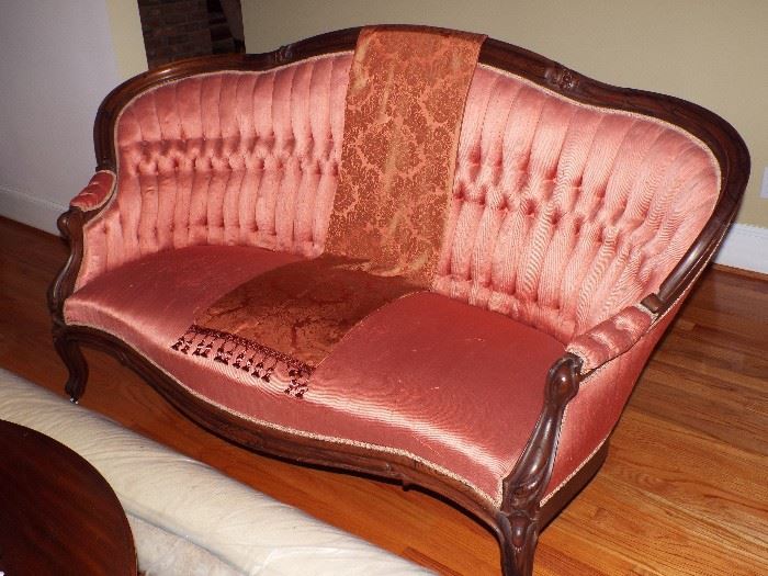 Part of 19th Century Victorian Carved Rosewood Parlor Settee & Two Chairs in Salmon Color Silk