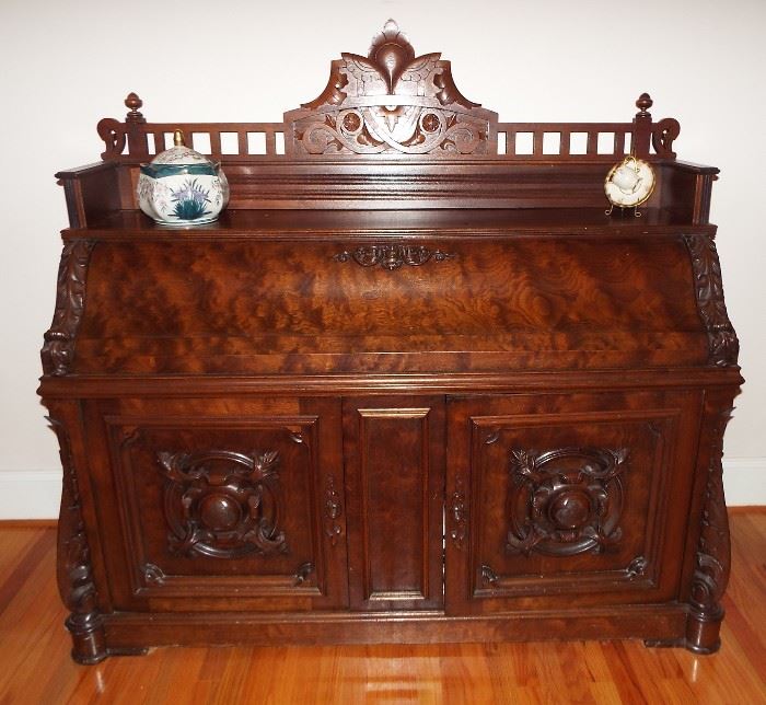 19th Century Walnut Heavily Carved Drop Front Desk with Arts & Crafts Details