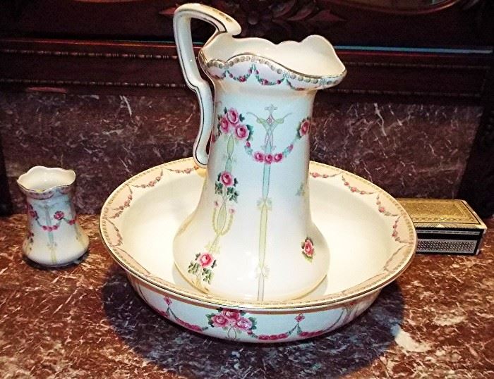 19th Century Art Nouveau Hand-painted Porcelain Wash Bowl, Pitcher & Glass