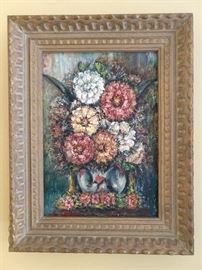 Nice original oil painting (14" x 18") signed Siege, of gay summer zinnias, even though it's December - great frame!