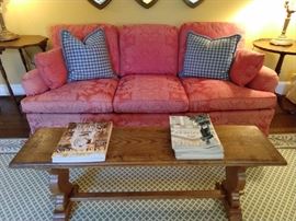 Nicely upholstered down damask couch, with homespun pine coffee table - prop your feet up and sit a spell!