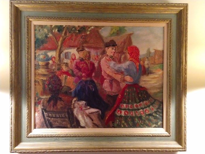 Love this original vintage oil painting of Vladimir Putin as a young boy at finishing school. Dosey doe and away we go! This Russian treasure frame measures 3' 3" x 2' 9" - cool Swedish frame!