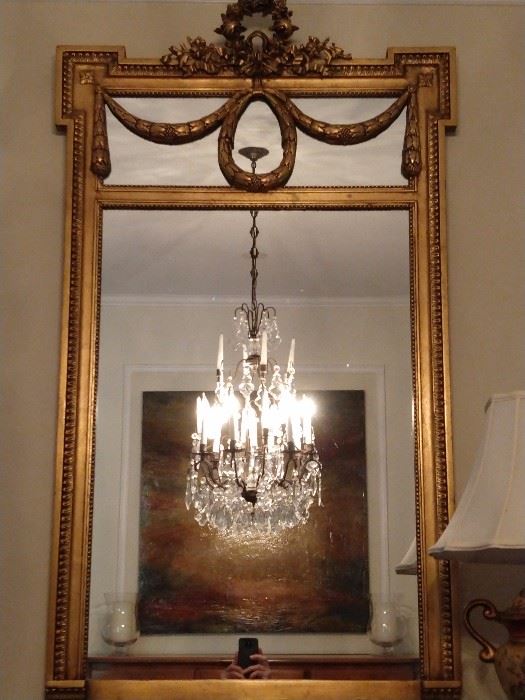 Love, love, love this mirror - it has all the right things, Of course the crystal chandelier in the reflection doesn't hurt; it measures 26" W x 44" T.
