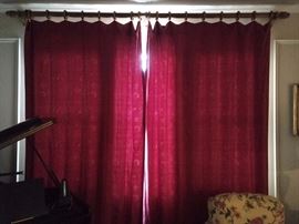 Two panels of red damask fabric window treatments available, plus the wooden curtain rod - it was purchased at ADAC and was quite $$$!