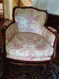 Straight out of the 1983 Martha Stewart Living magazine, an exposed wood pink/yellow upholstered toile fabric armchair - a vintage beauty!