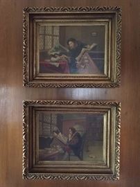 A lovely pair of antique, original oil paintings, depicting European men, in library settings. A world long ago and far away...