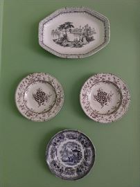 Nice collection of English transferware plates and platters; there's more.