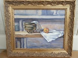 This is actually quite a good original oil on canvas, by Rand Bradford (Knoxville, TN)  titled "Still life, with Peach." -1999           
I know, not so creative with the name, but I can't paint that well.