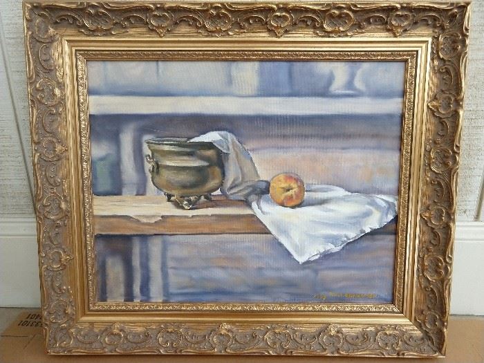 This is actually quite a good original oil on canvas, by Rand Bradford (Knoxville, TN) titled "Still life, with Peach." -1999
I know, not so creative with the name, but I can't paint that well.