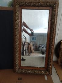 Gorgeous vintage rectangular, beveled mirror, oak and gilt wood.