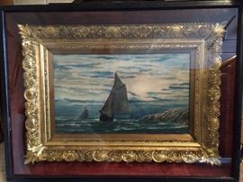 HOLY CRAP! This is one of the best looking gilt frames I've seen in a long time and I'm a frame 'ho!           
Seriously, this is one gorgeous frame. Oh yeah, there's an original oil painting too, but LOOK at this frame - WOW!