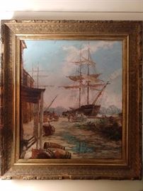 THIS is so cool! Given to the owner by the late designer, David Jenkins, this original oil on canvas is in the perfectly "chippy" frame. Look like it's been tossed about on the ocean by drunken sailors. Oooh, hot! ;-)