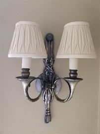 OMG - Hold me back! We Do have fainting couches onsite, for such verklempt emergencies. A wonderful pair of vintage pewter wall sconces, for your viewing pleasure; pleated mini-shades, oh-so-cute! They measure 15" T x 9" W.