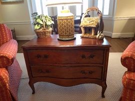 Nice, vintage French two-drawer chest, with porcelain Asian lamp. The next picture will show the chest in better light.