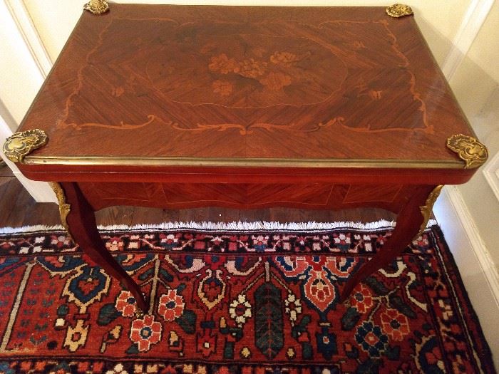Vintage French inlaid game table, with bronze mounts.