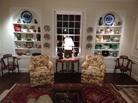 Nice pair of Sherrill upholstered armchairs for a sunny solarium. Buy these and there'll be no need for Zoloft! Great pair of mother-of-pearl inlaid corner chairs, vintage side table and Persian rugs all around!