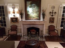 Handsome pair of French bergere armchairs, pair of original oil paintings, vintage brass fireplace goodies, hand woven Persian rug, and huge pastoral sheep original oil painting on canvas, signed by Dutch artist, H. Assteyn  - nice frame!