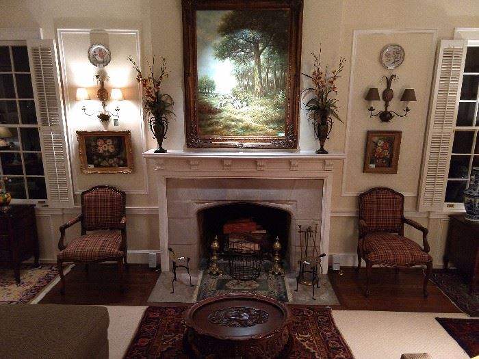 Handsome pair of French bergere armchairs, pair of original oil paintings, vintage brass fireplace goodies, hand woven Persian rug, and huge pastoral sheep original oil painting on canvas, signed by Dutch artist, H. Assteyn - nice frame!