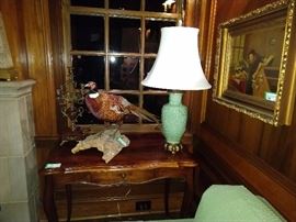 Here's the mate to the pheasant, the brass and marble 5-light candleholder and the celadon Asian lamp. I knew you were worried about them being separated; nice, vintage French 1-drawer desk.