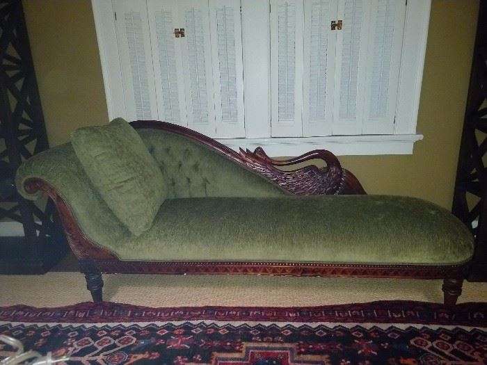 Unusual green upholstered vintage swan mahogany fainting couch. This is located in the upstairs office - perhaps a casting couch? Hmm, I'll nevah tell...