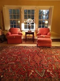 Lovely pair of comfy upholstered armchairs, with mahogany side table, with stretcher and large Tiffany style stained glass table lamp to illuminate your latest, greatest favorite author's new offering.