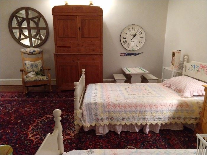 Very nice, vintage pine armoire, before they made them for clunky TV's - this one really is an armoire, measures 46" W x 23 1/2" D x 80" T. Giant clock you can read without reading glasses and a wiccan mirror by Nadeau. Not really wiccan, but if you squint...