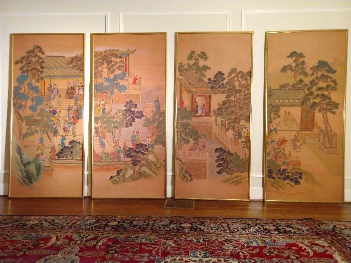 OMG! These four hand painted Asian Coromandel scene silk screens are to die for! Purchased from ADAC at an obscene price each, they measure a whopping 7' 8" tall x 42" wide. Each is framed in a gold leaf wooden frame and make a huge statement for any room in your house, assuming that you have at least 10' ceilings and lot's o' cash! ;-)