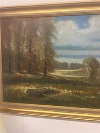 Wonderful large 20th century American landscape oil on canvas in giltwood frame.