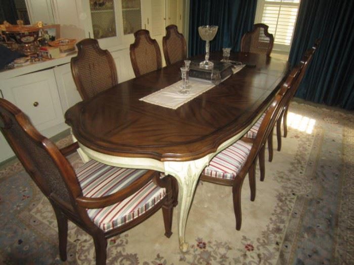 French Provincial dining table with 2 leaves and 8 chairs