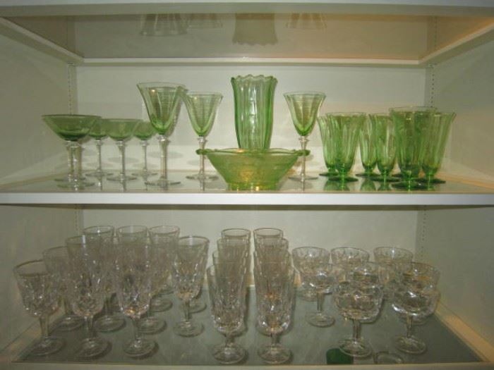 Green glassware up top and Gorham "King Edward" on the bottom