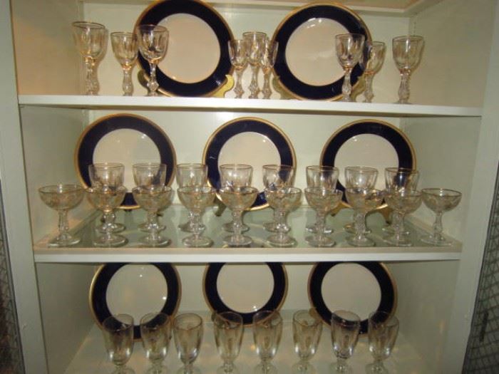 Pickard "Palace Royale" -8 dinner plates shown with Tiffin Crystal stemware "Palais Versailles"- 8 iced teas, 8 wines, 10 champagnes, 6 clarets, 3 wines