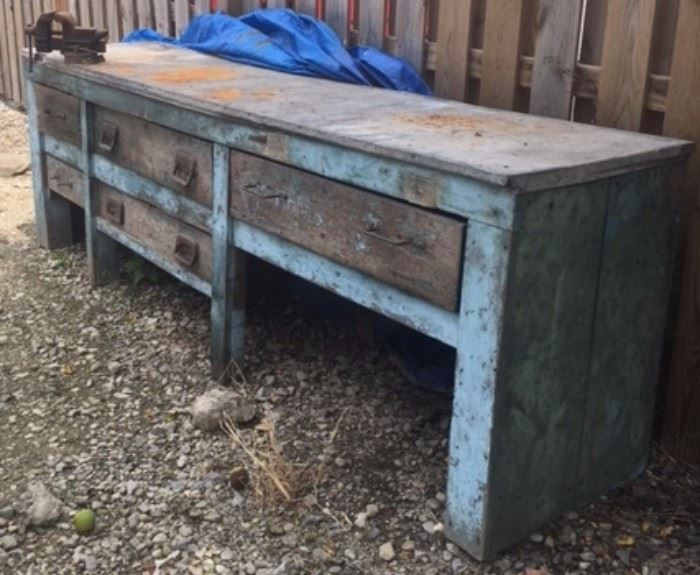 Old Original  Paint Blue Work Bench - Great Kitchen Island or Rustic Sideboard - Barn Find