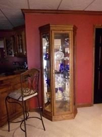 Large curio cabinet & Waterford, four bar stools