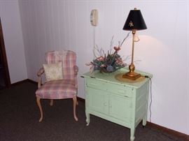 Antique wash stand, Vintage upholstered armed chair