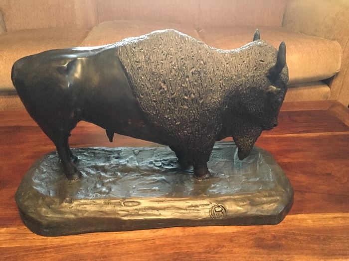 Bronze buffalo sculpture