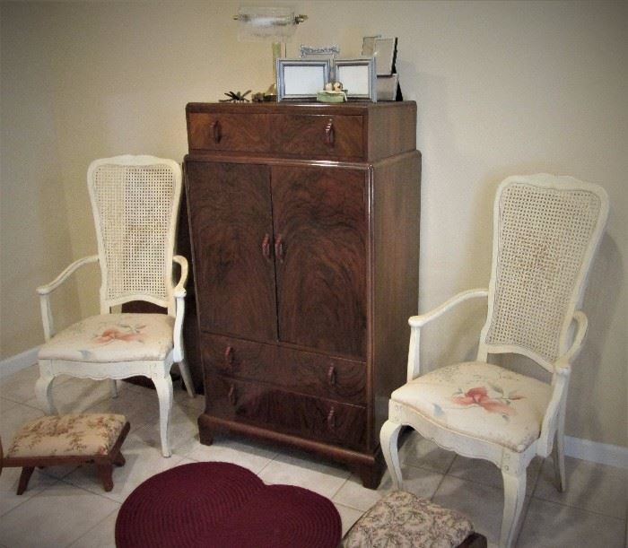 Deco Chest Pair Caned Back Chairs