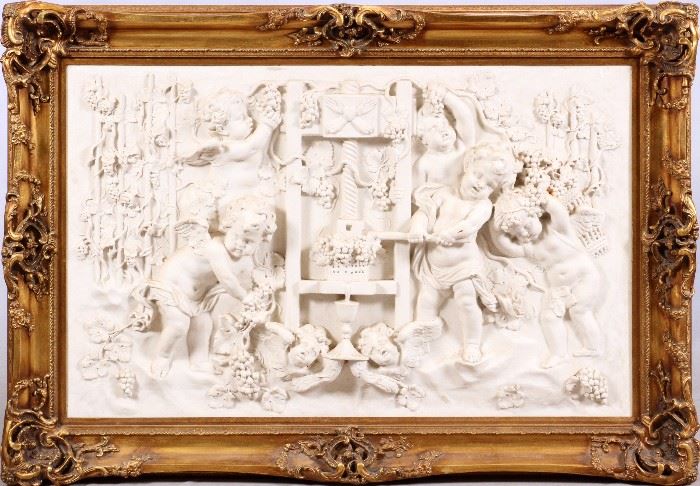 7 - STONE RELIEF PLAQUE, H 34", L 56", ANGELS CRUSHING GRAPES