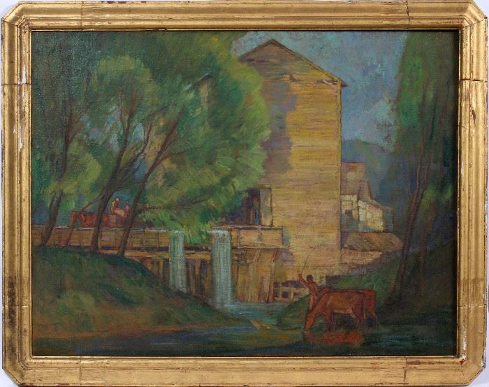 2011 - ROY GAMBLE OIL ON CANVAS, H 31", W 40", LANDSCAPE WITH MILL