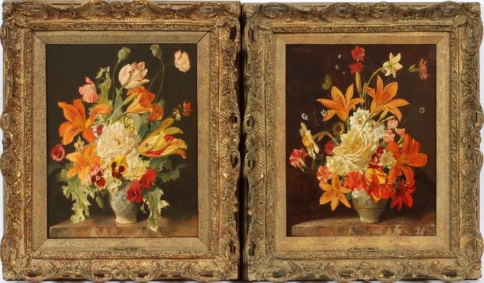 2015 - FRANZ XAVIER WOLF, (1896 - 90) OILS ON CANVAS, TWO, H 15", W 13", FLOWERS