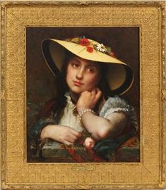 2019 - LEON JEAN BASILE PERRAULT (FRENCH, 1832-1908), OIL N CANVAS, 1873, H 21" W 18", GIRL WEARING HAT WITH FLOWERS