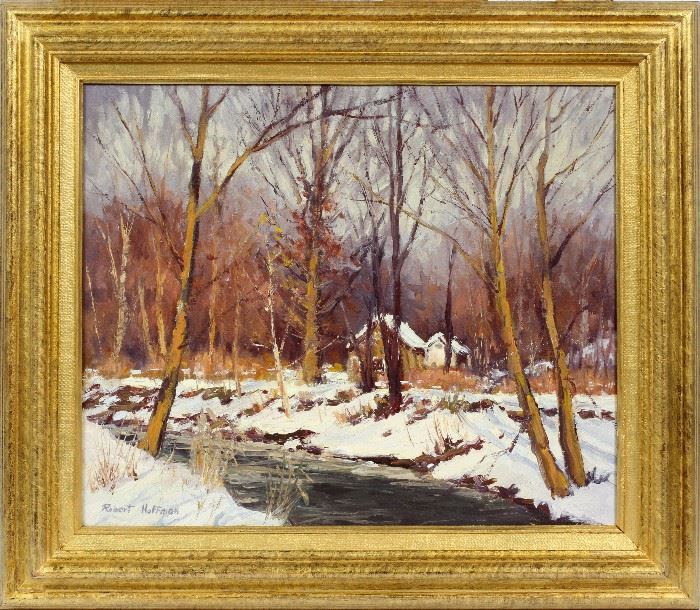 2102 - ROBERT HOFFMAN, OIL ON CANVAS, H 20", W 24", "INDIANA STREAM THROUGH THE WOODS"