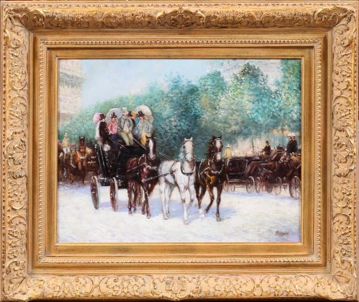 2179 - ANDRE GISSON (AMERICAN/FRENCH1921-2003), OIL ON BOARD, H 18", W 24", HORSE DRAWN CARRIAGE