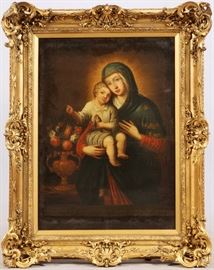2187 - OLD MASTER, OIL ON CANVAS H 43" W 34" MADONNA AND CHILD