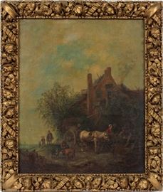 2189 - MANNER OF PHILIPS WOUWERMAN, DUTCH OIL ON CANVAS, C. 1780-1830, H 29", W 24", PEASANTS WITH HORSE DRAWN WAGON