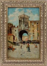 2194 - OIL ON BOARD, MIDDLE EASTERN CITY SQUARE, H 11 1/2" W 7"