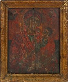 2192 - RUSSIAN ICON, PAINTING  ON WOOD, 18TH C., MADONNA & CHILD H 9", W 7 1/2"